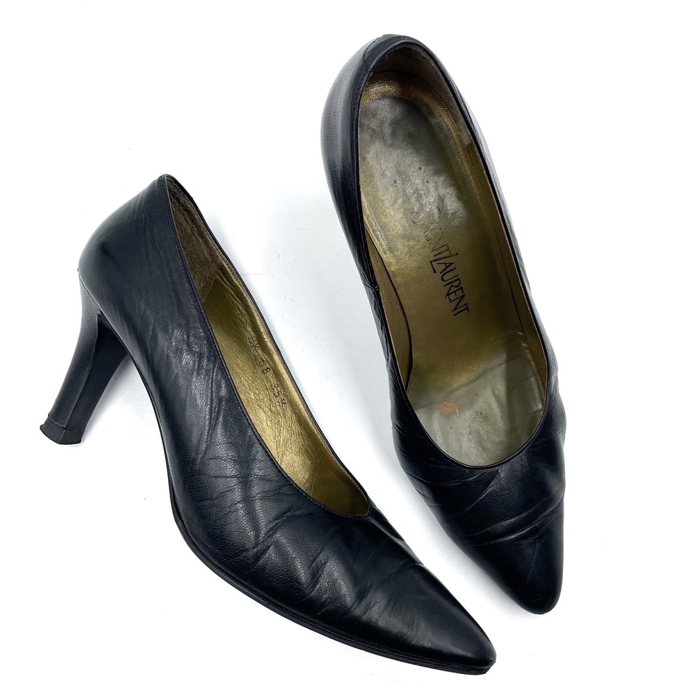 YVES SAINT LAURENT Black Leather Pumps Vintage Classic Heels Sz 35.5 / 5.5‎ US